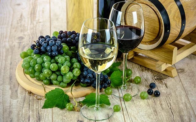 Verres de vins blanc et rouge avec du raisin sur un plateau